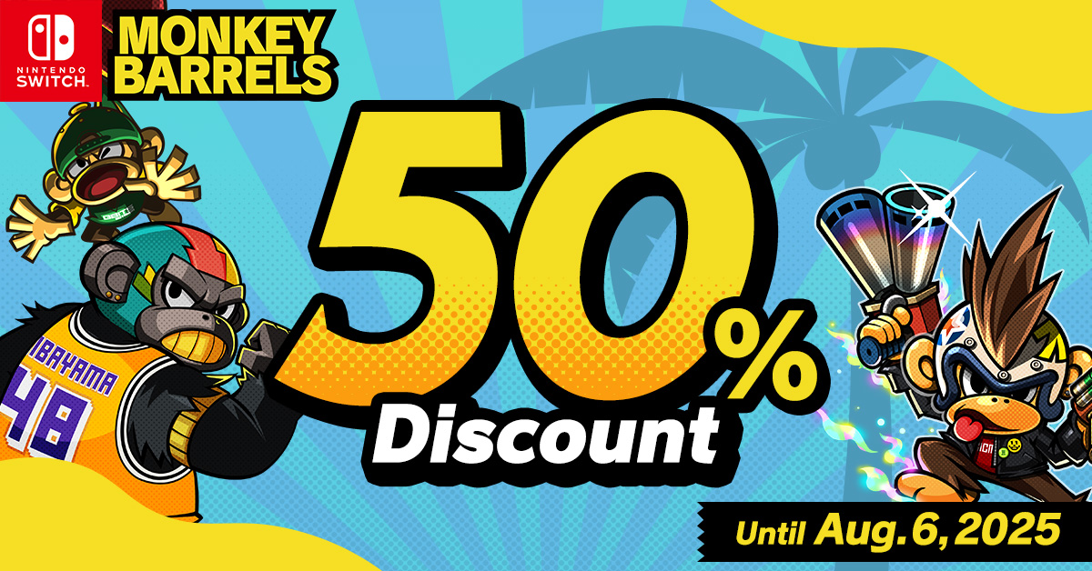 50% Discount today Summer Sale starts

Get your kidnapped friends back!
Exhilarating action shooter Monkey Barrels is 50% Discount🎆

🎮US$14.99 → US$7.50 Tax included
⏳Until Wednesday, August 6,2025,23:59 PST

nintendo.com/us/store/produ…
#NintendoSwitch #MONKEYBARRELS #Summersale