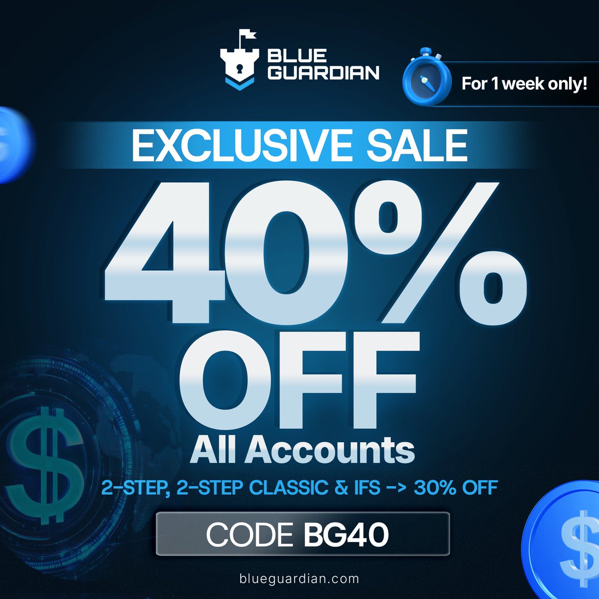 BlueGuardiancom's tweet image. 40% OFF All Accounts - Limited Time Only! β
β
Accounts up to 40% OFF, excluded ones 30% OFF
β
Weekly Payouts and 90% Profit Split Add-Ons Available
β
MT5 and 2 other platforms
Get funded now at β‘οΈ blueguardian.com