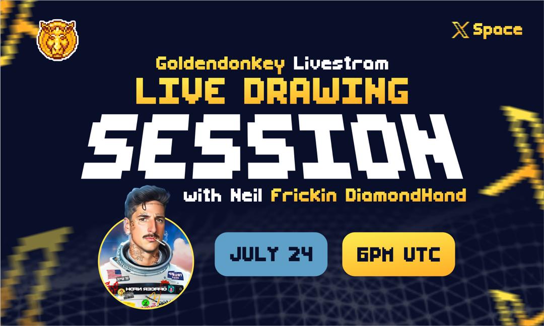 GoldenDonkeyGDK's tweet image. We’re going LIVE on X with the one and only Neil Frickin Diamondhand the artist behind the new GDK Collection!
Date: 24th July 2025
Time: 6PM UTC
Come hang out with us as he draws LIVE, shares the creative process, and gives us a peek behind the magic of the Golden Donkey…