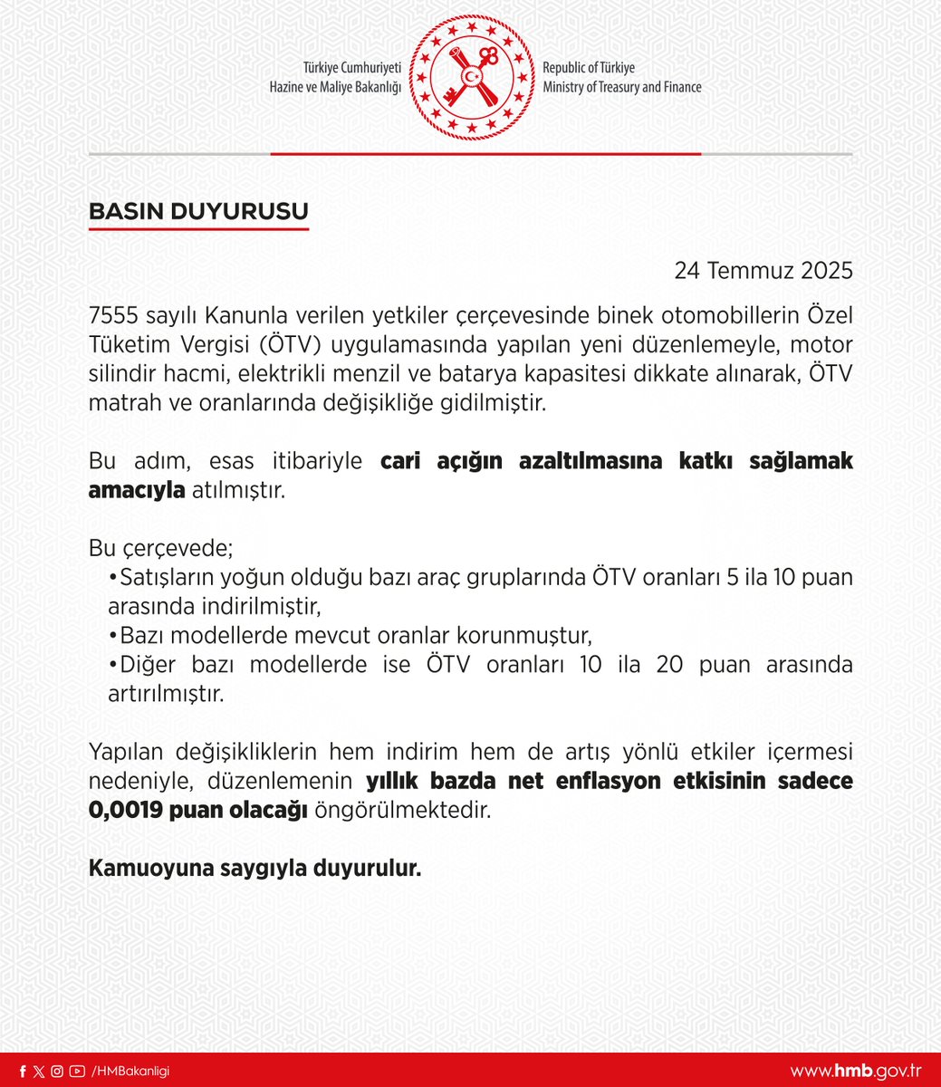 bosunatiklama's tweet photo. Hazine ve Maliye Bakanlığı: (ÖTV düzenlemeleri hk.)

"Bu adım, esas itibariyle cari açığın azaltılmasına katkı sağlamak amacıyla atılmıştır." https://t.co/iabixUnqeq