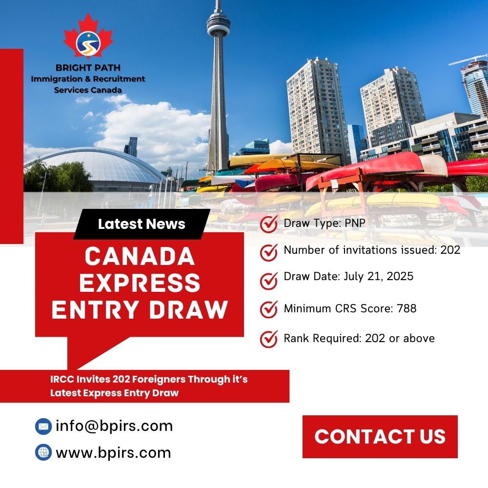 Bright_Path_'s tweet image. 🇨🇦 Express Entry Alert – July 21, 2025!
IRCC invites 202 candidates under the Provincial Nominee Program with a CRS cut-off of 788!

Stay updated &amp;amp; get expert help to boost your profile for the next draw!

For more info: canada.ca/en/immigration…

#ExpressEntry #PNPProgram #bpirs