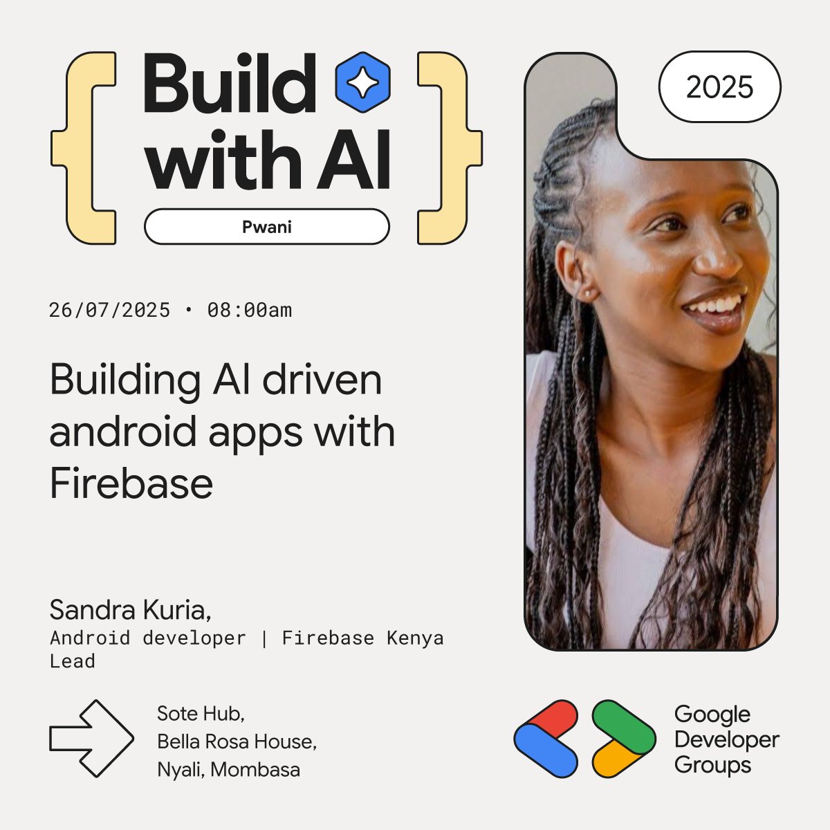Speaker announcements are finally out! 
Ever wondered how to seamlessly integrate AI into your Android apps? <a href="/sandykuria/">Sandra</a> , Android Developer &amp; <a href="/firebasekenya/">Firebase Kenya 🇰🇪</a>  Lead, has the answers! Join her session, "Building AI-driven Android apps with Firebase," for practical knowledge.