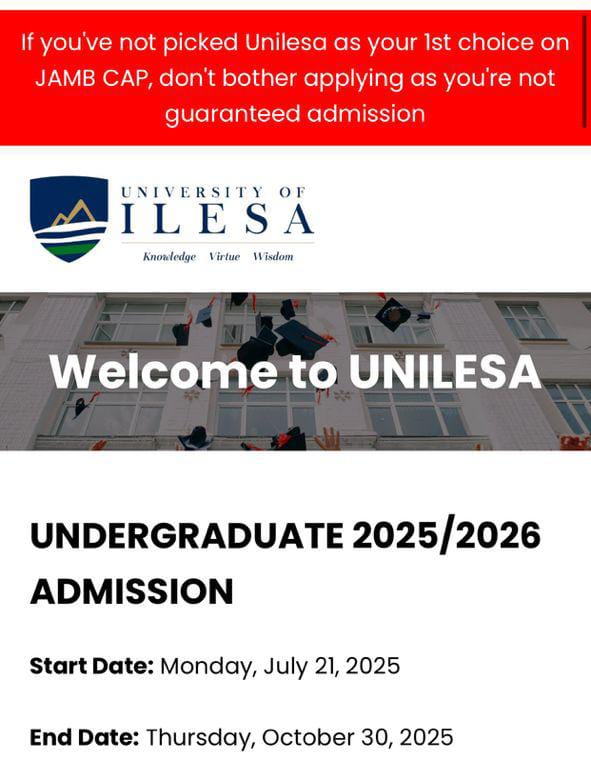 FlashpeeDWave's tweet photo. *UNIVERSITY OF ILESA ACTIVATED POST UTME APPLICATION PORTAL🚨*
#admissionopen #admission2025 
#unilesa #registration https://t.co/YftMiMxfeH