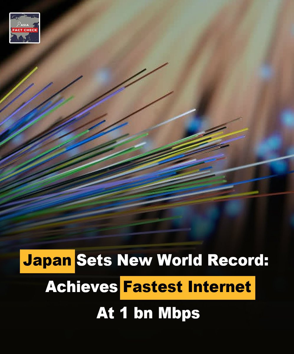AsiaFactCheck's tweet image. Japan just broke the internet speed record! 🇯🇵 🚀 

 Scientists at Japan’s National Institute of Information and Communications Technology (NICT) achieved 1.02 petabits per second (that’s 1,020,000,000 Mbps), transmitting data over 1,808 km using a 19-core optical fibre. For…