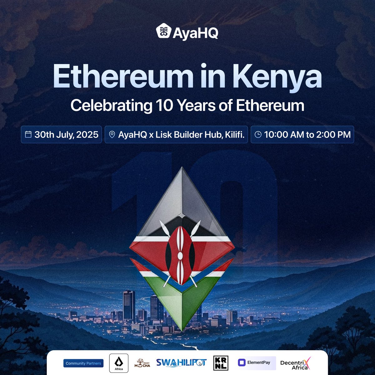 Only 6 days till <a href="/ethereum/">Ethereum</a> turns 10 🎉
You ready for it?

Imagine if Ethereum never existed... yeah, let’s not 😁

If you’re planning to join, don’t wait  lock in your spot!

🔗 🇬🇭: lu.ma/1cvbffff
🔗 🇰🇪: lu.ma/lyqt4lni

Happening live in Kilifi and Accra at the