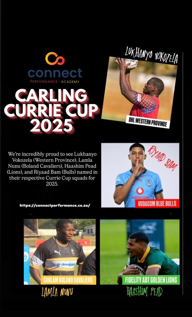 4 players. 4 teams. 4 different journeys.
Same Connect roots. 🏉 

We’re incredibly proud to see Lukhanyo Vokozela (Western Province), Lamla Nunu (Boland Cavaliers), Haashim Pead (Lions), and Riyaad Bam (Bulls) named in their respective Currie Cup squads for 2025.
