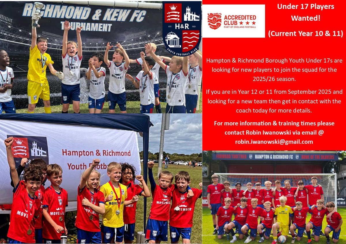 hamrichfc_youth's tweet image. *** Recruitment Post ***
Our Under 17 side (Year 12 or 11 from September) are on the look out for new players for the coming season.
Games are Sunday's in the @surreyfootball League with training Wednesdays.
For more details email Coach Robin @ robin.iwanowski@gmail.com.