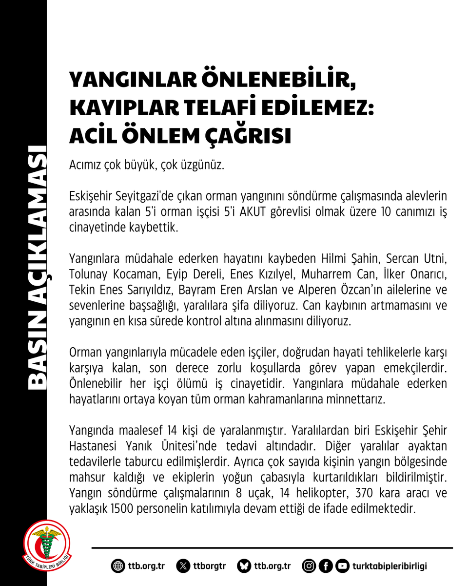 ttborgtr's tweet image. Yangınlar Önlenebilir, Kayıplar Telafi Edilemez: Acil Önlem Çağrısı
Acımız çok büyük, çok üzgünüz.
Eskişehir Seyitgazi'de çıkan orman yangınını söndürme çalışmasında alevlerin arasında kalan 5'i orman işçisi 5'i AKUT görevlisi olmak üzere 10 canımızı iş cinayetinde kaybettik.…