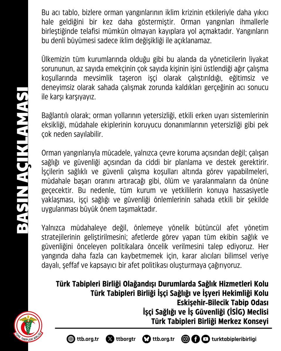 ttborgtr's tweet image. Yangınlar Önlenebilir, Kayıplar Telafi Edilemez: Acil Önlem Çağrısı
Acımız çok büyük, çok üzgünüz.
Eskişehir Seyitgazi'de çıkan orman yangınını söndürme çalışmasında alevlerin arasında kalan 5'i orman işçisi 5'i AKUT görevlisi olmak üzere 10 canımızı iş cinayetinde kaybettik.…