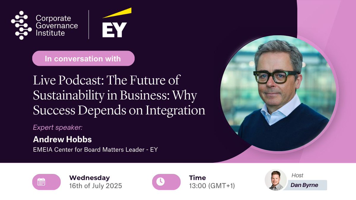 BusinessatOECD's tweet image. 🗣️ Last week, our Corporate #Governance Chair & @EYnews's @AndrewHobbsEY joined the @CorpGovInst's podcast on "The Future of #Sustainability in Business: Why Success Depends on Integration".
He explored five ways to integrate sustainability strategy into the overall business…