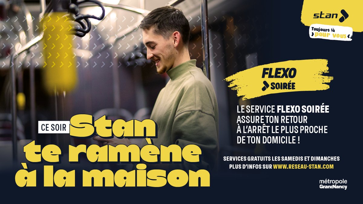 Sortie ce soir ? 🎉
Stan te ramène à la maison avec Flexo Soirée 🚍
📅 Tous les soirs
💸 Gratuit le week-end
ℹ️ bit.ly/offrenuitstan