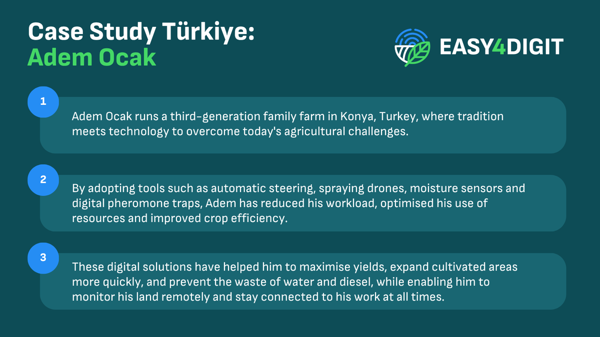 🇹🇷 In Konya, Türkiye, Adem Ocak combines tradition with agri-tech on his 50-hectare family farm — using drones, sensors and automation to save labour and boost efficiency 🌱🚜.

Discover more stories of innovation 👉 portal.easy4digit.com #EASY4DIGIT