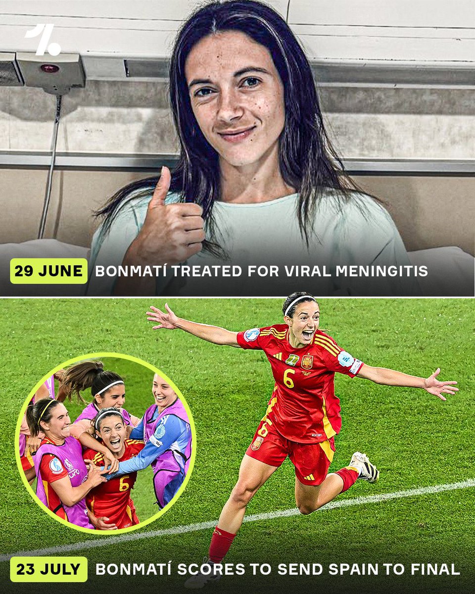 What a story 💔

Three weeks ago, Aitana Bonmatí was being treated in hospital for viral meningitis and it was uncertain if she would play in the Women's EURO 2025.

Today, she scored an incredible 113th minute winner to send Spain through to their first Women's EURO final.