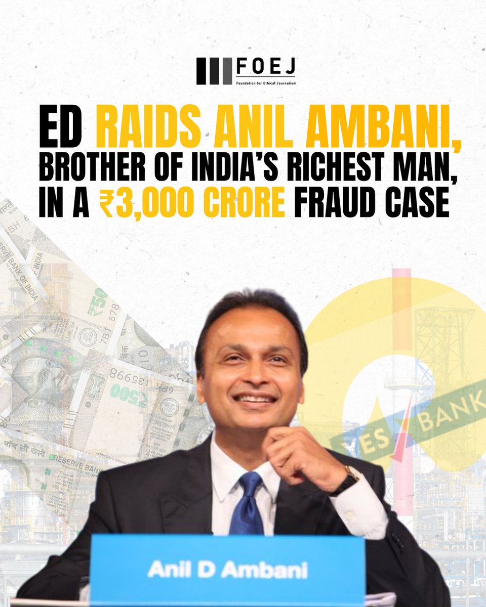 FoejMedia's tweet image. Days after SBI flagged RCom & #AnilAmbani as 'fraud', ED raided RAAGA-linked sites over alleged Yes Bank loan misuse (2017–19). CBI, SEBI, NFRA, NHB inputs triggered probe. ₹3,014 Cr SBI exposure under lens. Personal insolvency case also ongoing. #MoneyLaundering
