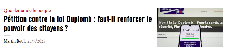 Merci à Marianne d'avoir donné la parole à notre parti pour commenter cette actualité sur la Loi Duplomb, et pourquoi cet évènement montre la nécessité de disposer en France d'outils de démocratie directe.

👉 À lire sur le site du journal : marianne.net/politique/peti…