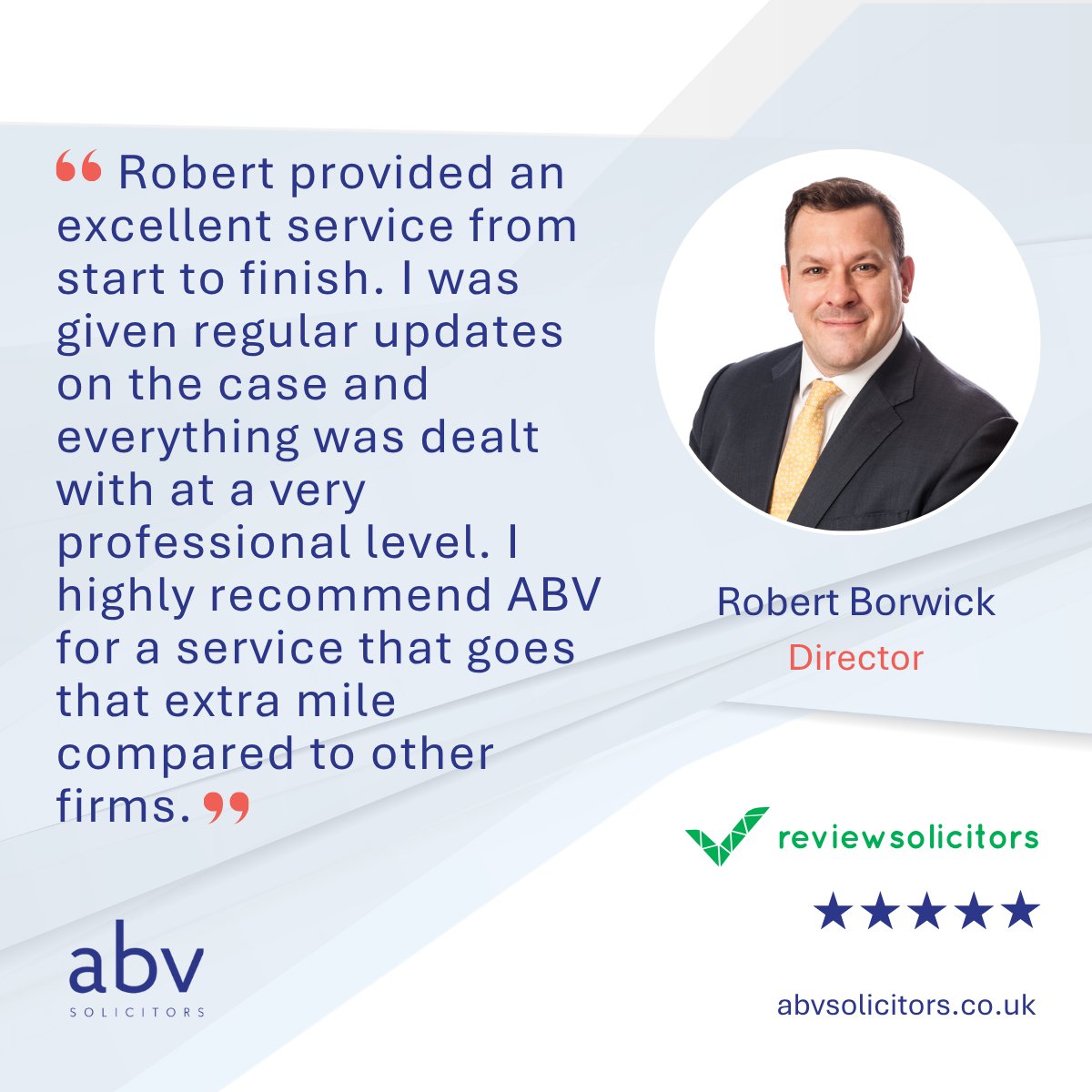 ABV Director Robert Borwick is a highly regarded criminal defence solicitor. His work continues to be recognised through 5-star client feedback.

ABV Solicitors holds a 5/5 rating on ReviewSolicitors: reviewsolicitors.co.uk/middlesex/haye… 

#DefenceSolicitors #ClientTestimonial #UKLawFirm