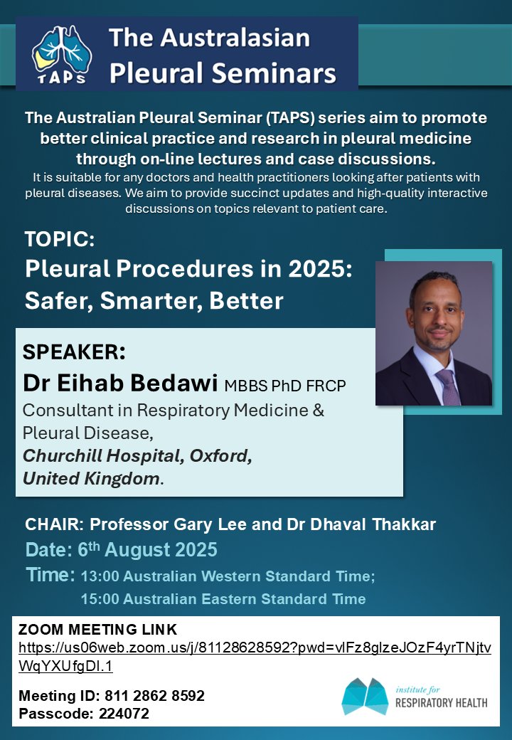 Y C Gary Lee (@ycgarylee) on Twitter photo 🟥 Seen too many pleural procedure mishaps? Join us: Australasian Pleural Seminars Aug 6. <a href="/eihab_bedawi/">Eihab Bedawi</a> <a href="/OxfordRespTrial/">Oxford Respiratory Trials</a> will discuss tips/training/required standards for pleural procedures. Link in 🧵. 'Safer Smarter Better'
<a href="/PleuralPOCUS/">Alejandro</a> <a href="/UKPleura/">UK Pleural Society</a> <a href="/BTSrespiratory/">British Thoracic Society (BTS)</a> <a href="/AAB_IP/">AABIP</a> 🟥 Seen too many pleural procedure mishaps? Join us: Australasian Pleural Seminars Aug 6. <a href="/eihab_bedawi/">Eihab Bedawi</a> <a href="/OxfordRespTrial/">Oxford Respiratory Trials</a> will discuss tips/training/required standards for pleural procedures. Link in 🧵. 'Safer Smarter Better'
<a href="/PleuralPOCUS/">Alejandro</a> <a href="/UKPleura/">UK Pleural Society</a> <a href="/BTSrespiratory/">British Thoracic Society (BTS)</a> <a href="/AAB_IP/">AABIP</a>