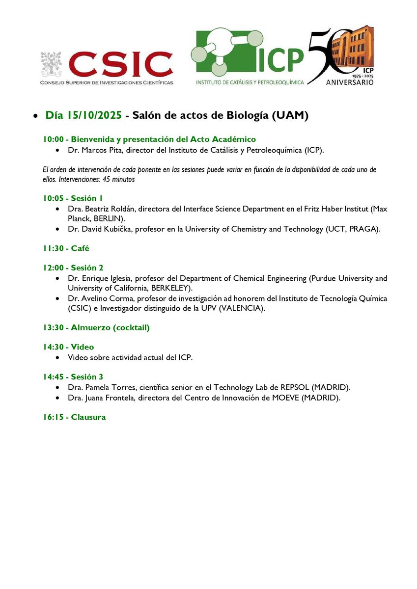 ICP_CSIC's tweet image. 🥳 ¡Cumplimos 50 años!
El 14 y 15 de octubre conmemoramos cinco décadas de investigación en catálisis, energía y sostenibilidad.
👉 Actos, charlas y reencuentros en el CSIC y la UAM
Gracias por ser parte de esta historia.
#50AniversarioICP #CienciaConImpacto