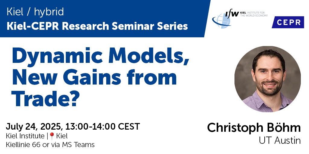 kielinstitute's tweet image. 📢 Kiel-CEPR Research Seminar - today, Christoph Böhm (@UTAustinEcon) presents joint work w/ @nityanayar on dynamic gains from trade. Both are currently in Kiel teaching in the ASP program!
🔗 Don’t miss future talks - register here for the series 👉 ifw-kiel.de/institute/even…