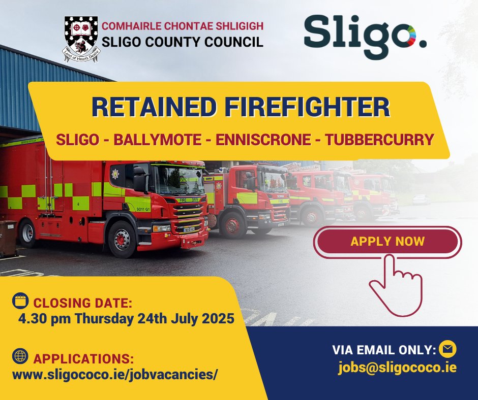 sligococo's tweet image. Applications for the following positions are available at 🌐 sligococo.ie/jobvacancies/
➡️𝗥𝗲𝘁𝗮𝗶𝗻𝗲𝗱 𝗙𝗶𝗿𝗲𝗳𝗶𝗴𝗵𝘁𝗲𝗿
📅 Closing Date for applications via email to jobs@sligococo.ie is 4.30 pm on Thursday 24th July 2025.
#JobOpportunities #JoinOurTeam
@firesligo
