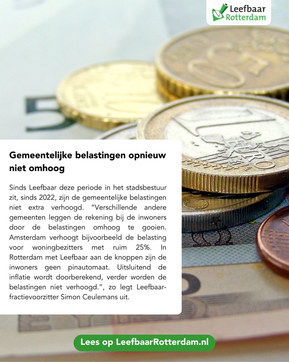 Het stadsbestuur heeft bij de voorjaarsnota er opnieuw voor gekozen om de gemeentelijke belastingen niet extra te verhogen. De gemeente staat voor grote uitdagingen, maar kiest er bewust voor om de rekening niet bij de Rotterdammers te leggen.

Lees meer➡️ leefbaarrotterdam.nl/nieuws/gemeent…