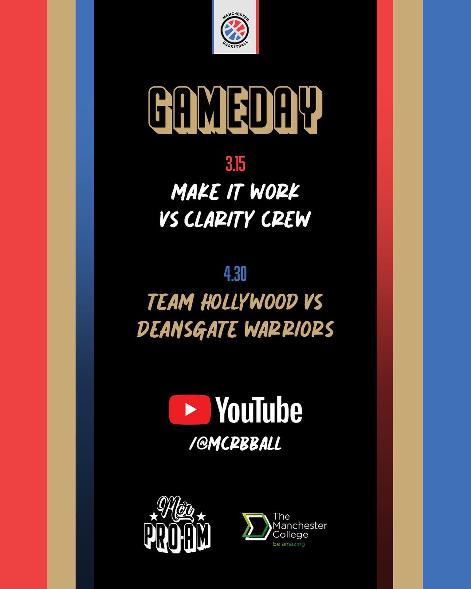 mcrbball's tweet image. It's #MCRProAm Championship GAMEDAY!
π₯ 3.15 Make It Work vs Clarity Crew
π 4.30 Team Hollywood vs Deansgate Warriors
πΊ Watch LIVE on YouTube: youtube.com/live/oMkhb3AXQβ¦