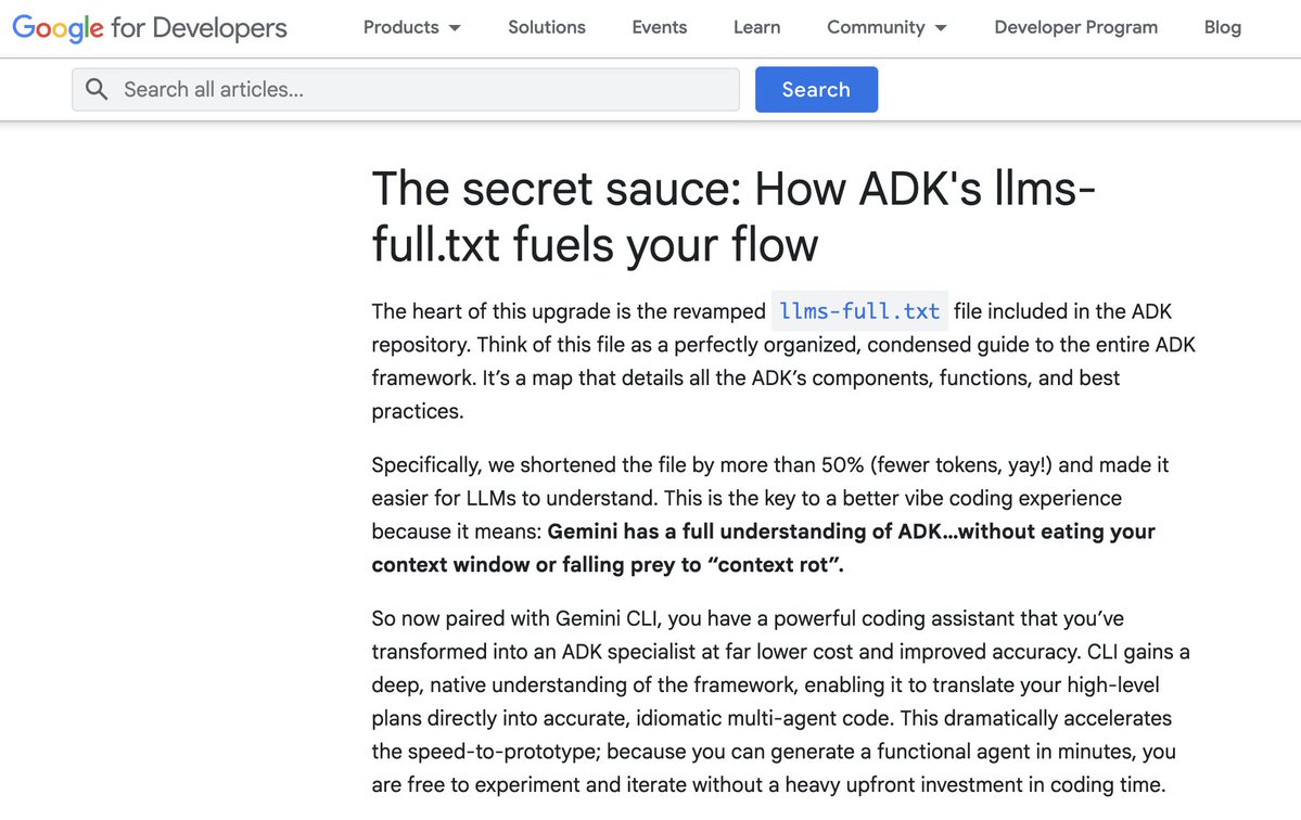 llms.txt is incredibly useful for AI agents but that doesn’t mean G Search needs it.

Unlike robots.txt, llms.txt isn’t designed to guide crawling or indexing. Its purpose is to provide context for AI agents. Google is using llms-full.txt to help Gemini understand how ADK work 👇
