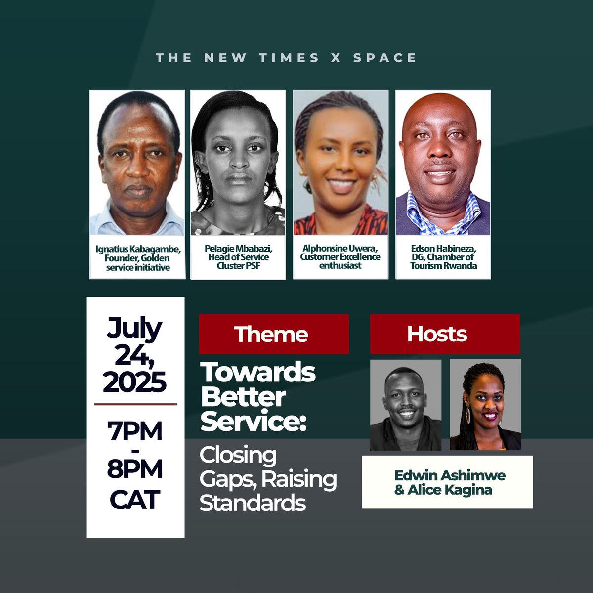 The New Times (Rwanda) (@newtimesrwanda) on Twitter photo #TNTXSPACE | Service delivery has been in the spotlight — but how do we move from concern to consistency? Let’s talk standards, care & culture.
Join the conversation tonight at 7PM CAT on X Spaces 👉 x.com/i/spaces/1vOGw…
<a href="/PSF_Rwanda/">PSF Rwanda</a> <a href="/TourismChamber/">Rwanda Chamber of Tourism</a> <a href="/KabagambeI/">Ignatius R. Kabagambe</a> #TNTXSPACE | Service delivery has been in the spotlight — but how do we move from concern to consistency? Let’s talk standards, care & culture.
Join the conversation tonight at 7PM CAT on X Spaces 👉 x.com/i/spaces/1vOGw…
<a href="/PSF_Rwanda/">PSF Rwanda</a> <a href="/TourismChamber/">Rwanda Chamber of Tourism</a> <a href="/KabagambeI/">Ignatius R. Kabagambe</a>
