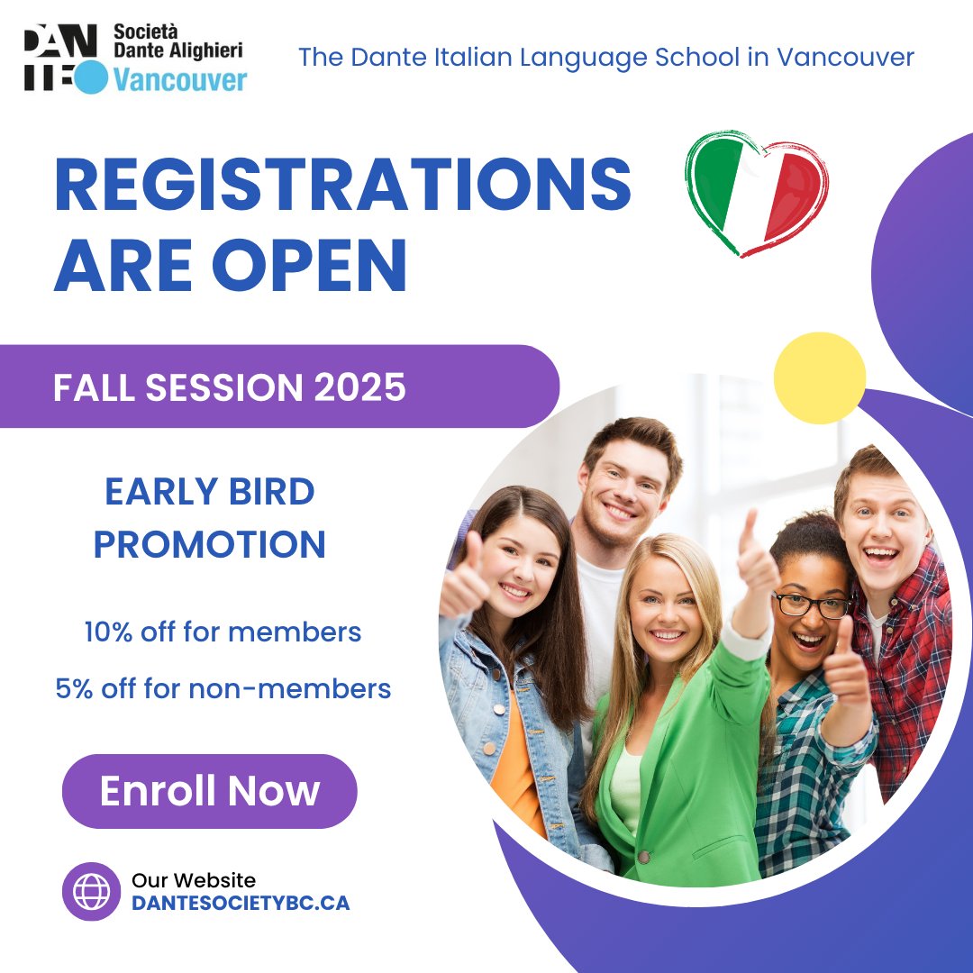 🌟 Ciao Amici! 🇮🇹
Our Early Bird Promo starts TODAY! 🎉
Fall Session 2025 begins Aug 25 🍂
🗓️ Promo runs: July 28–Aug 15
🔹10% off members
🔹5% off non-members
📧 info@dantesocietybc.ca
🌐 dantesocietybc.ca
#LearnItalian #Fall2025 #DanteSocietyBC