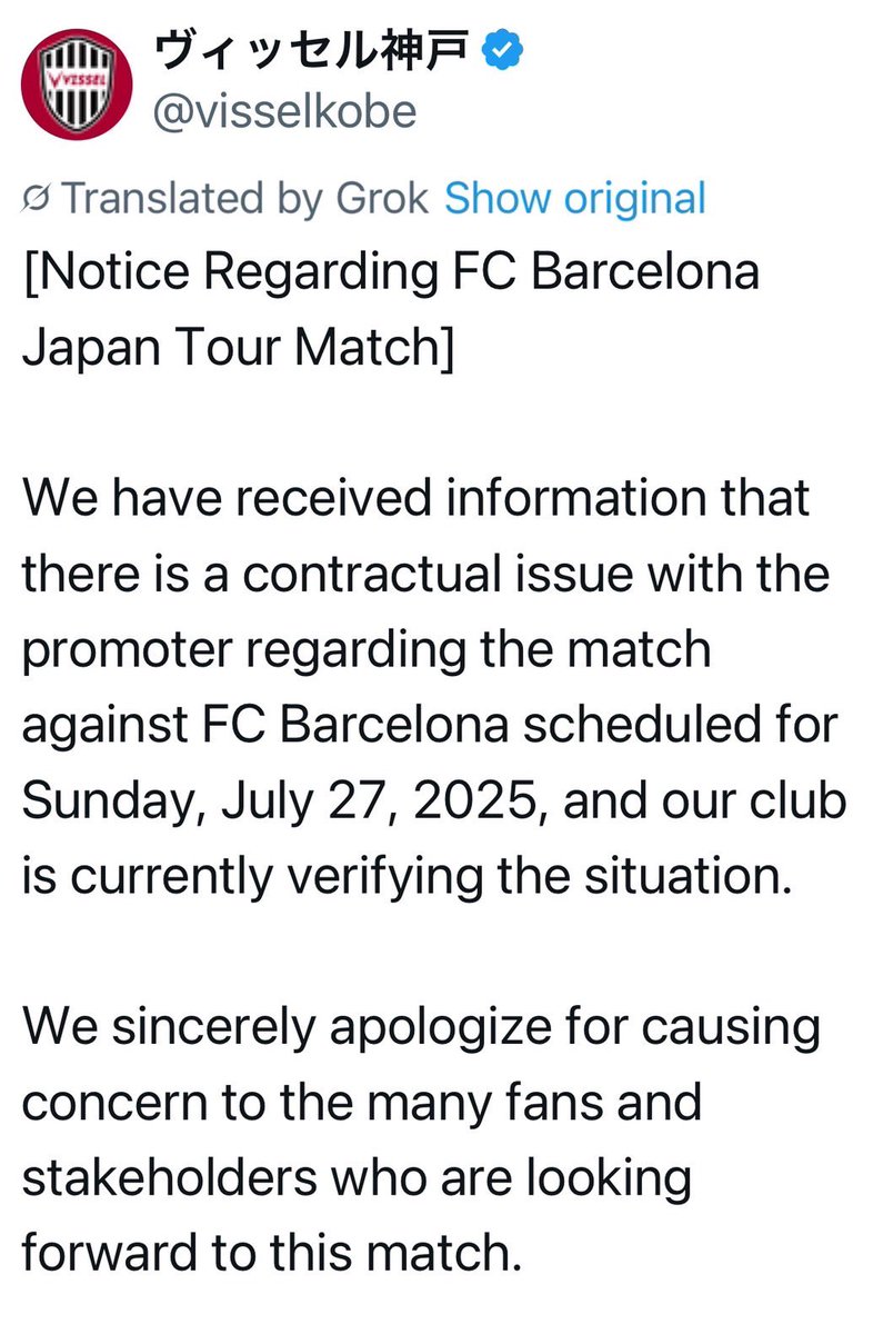https://bsky.app/profile/lionelpiguet.bsky.social (@lionelpiguet) on Twitter photo So after the cancellation of the rematch between <a href="/FCBarcelona/">FC Barcelona</a> legends vs <a href="/realmadrid/">Real Madrid C.F.</a> legends in Kobe, another <a href="/fcbarcelona_fra/">FC Barcelona</a> game was cancelled today!? <a href="/visselkobe/">ヴィッセル神戸</a> won’t play Barca this weekend unfortunately for all Barca fans. So after the cancellation of the rematch between <a href="/FCBarcelona/">FC Barcelona</a> legends vs <a href="/realmadrid/">Real Madrid C.F.</a> legends in Kobe, another <a href="/fcbarcelona_fra/">FC Barcelona</a> game was cancelled today!? <a href="/visselkobe/">ヴィッセル神戸</a> won’t play Barca this weekend unfortunately for all Barca fans.