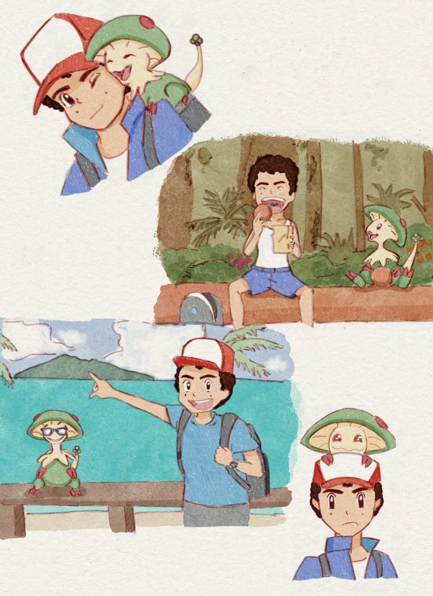 moonpsyche's tweet image. ash and pikachu reimagined as lui and breloom &amp;lt;3