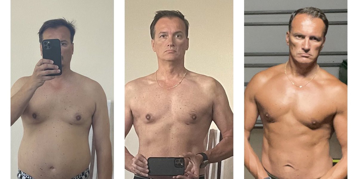 DomMorganFL's tweet image. Two years on carnivore diet at this point. On the left is day one in July 2023, middle is 6 months in after losing 60 lbs and on the right is present. Protein feeds cells, fat is energy, vegetables are garnish, grain is poison and sugars are drugs.
