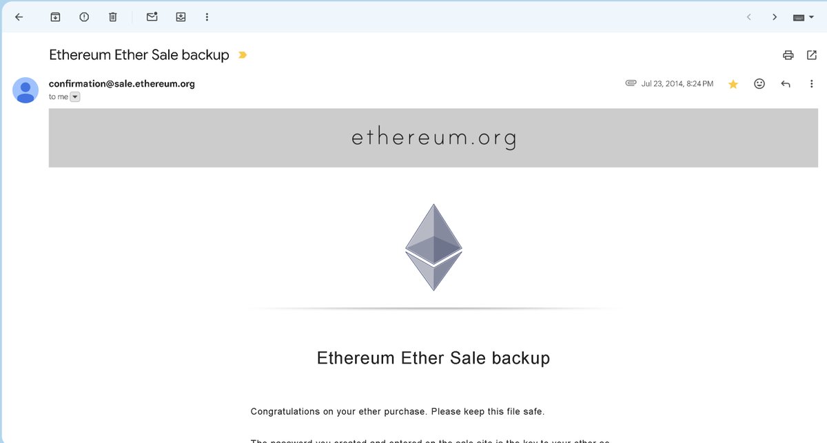 I happen to have one of the oldest Ethereum addresses from the genesis block. 11 years ago today, I gave some of my precious BTC to a quiet, brilliant kid named <a href="/VitalikButerin/">vitalik.eth</a> for his <a href="/ethereum/">Ethereum</a> fundraiser. Bitcoin was revolutionary, but Vitalik had ideas the network couldn’t