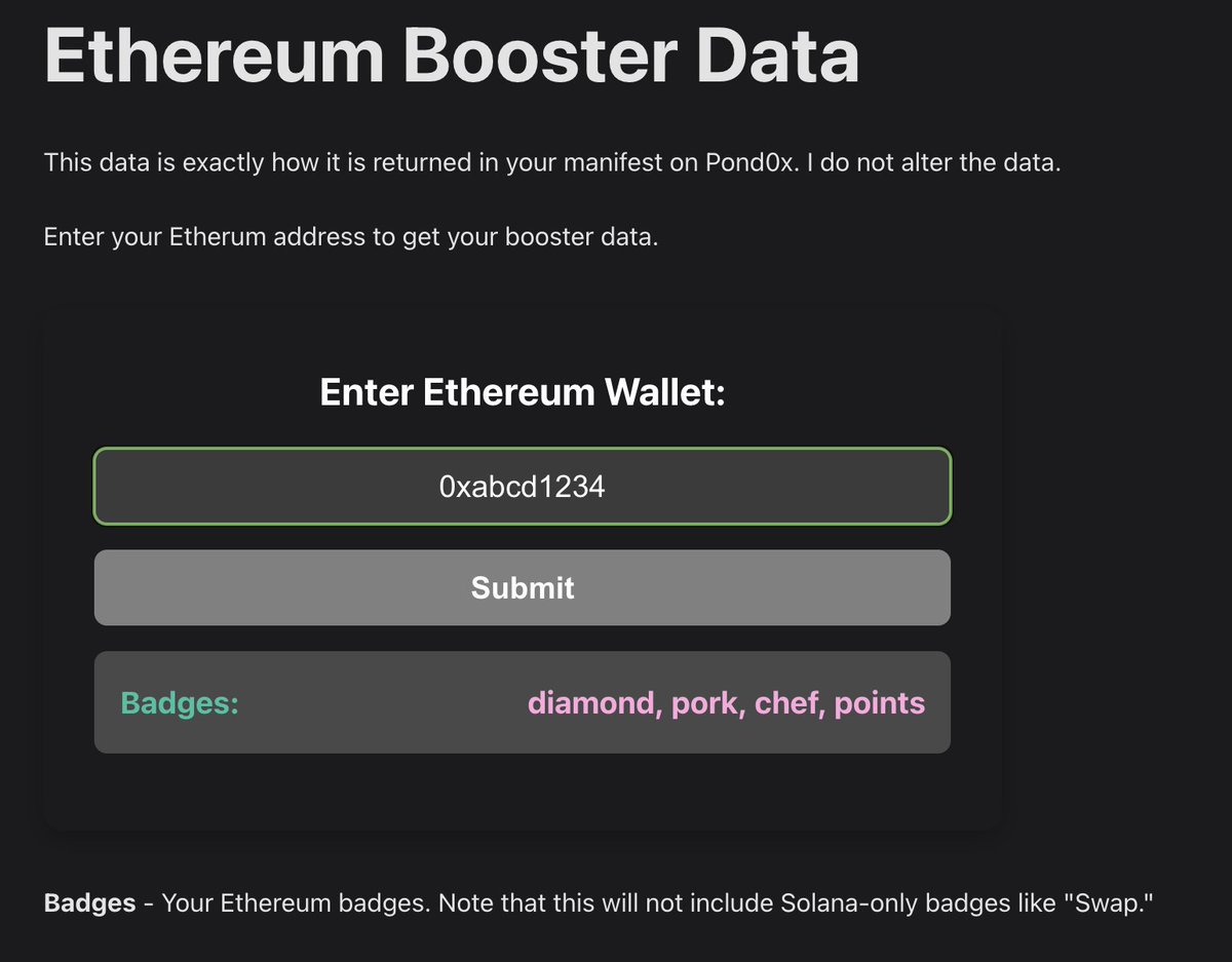 Cary0x2's tweet image. $PNDC $PORK Another tool is available!
This will allow you to inspect your Ethereum wallets for badges. It should help many locate their lost diamonds so we can bring them back into the pond.
cary0x.github.io/docs/info/ethb…
(Link on the home page as well)
Thanks! 🤝