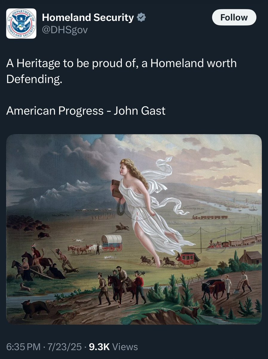 rforodrigues_14's tweet image. DHS throwing that racist "American Progress" crap.
That Manifest Destiny junk literally cheers for Native genocide!
This admin’s a damn joke and just pushing hate.
