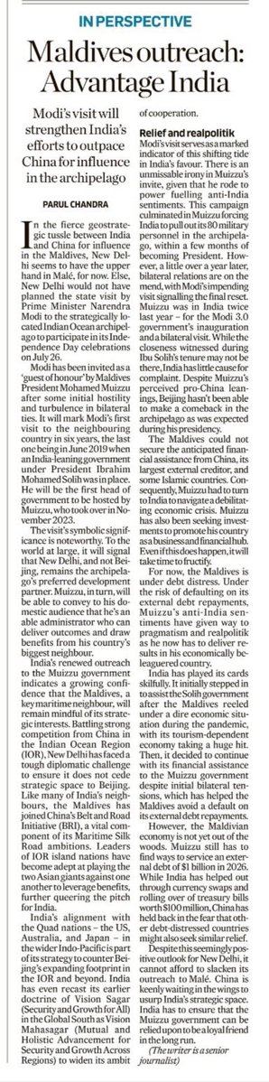 ParulChandraP's tweet image. India’s outreach to the Muizzu govt indicates growing confidence #Maldives will remain mindful of its strategic interests. Battling strong competition from #China in the #IOR, India has faced a tough challenge to ensure it does not cede strategic space to Beijing. My OpEd.