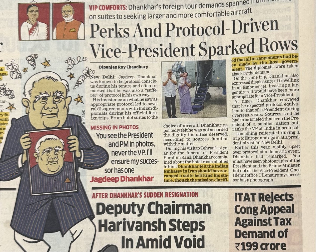 This kind of media reporting on #JagdeepDhankhar should fill everyone in the establishment with dread: 

One day, you will be discarded and then 'sources' will plant stories and tell the world how terrible you were in office.