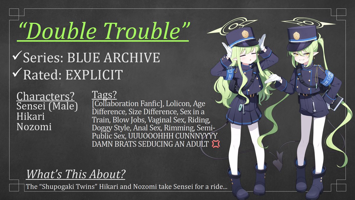 slumbrrr's tweet image. Two chapters, two brats, two writers?! Today's NSFW Blue Archive fanfic is a collab story between myself and the cultured @delusionalcooki. We're giving you 10,000 words of Shupogaki Twin Brats, double trouble! Can you handle all this cunny, Sensei? 💢⤵️
archiveofourown.org/works/67923351…