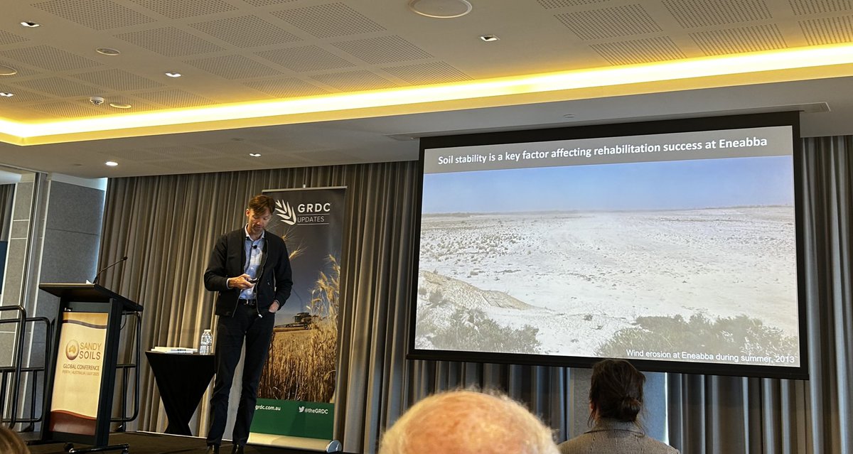 alisonlritchie's tweet image. Morning Keynotes Chris Saunders @UniversitySA & Mark Dobrowski @IlukaResources showing similarities in overcoming barriers to #Sandysoils using engineering adaptations & iterations of farming equipment for increased yields in Ag and establishment of biodiverse rehab #GSSC2025