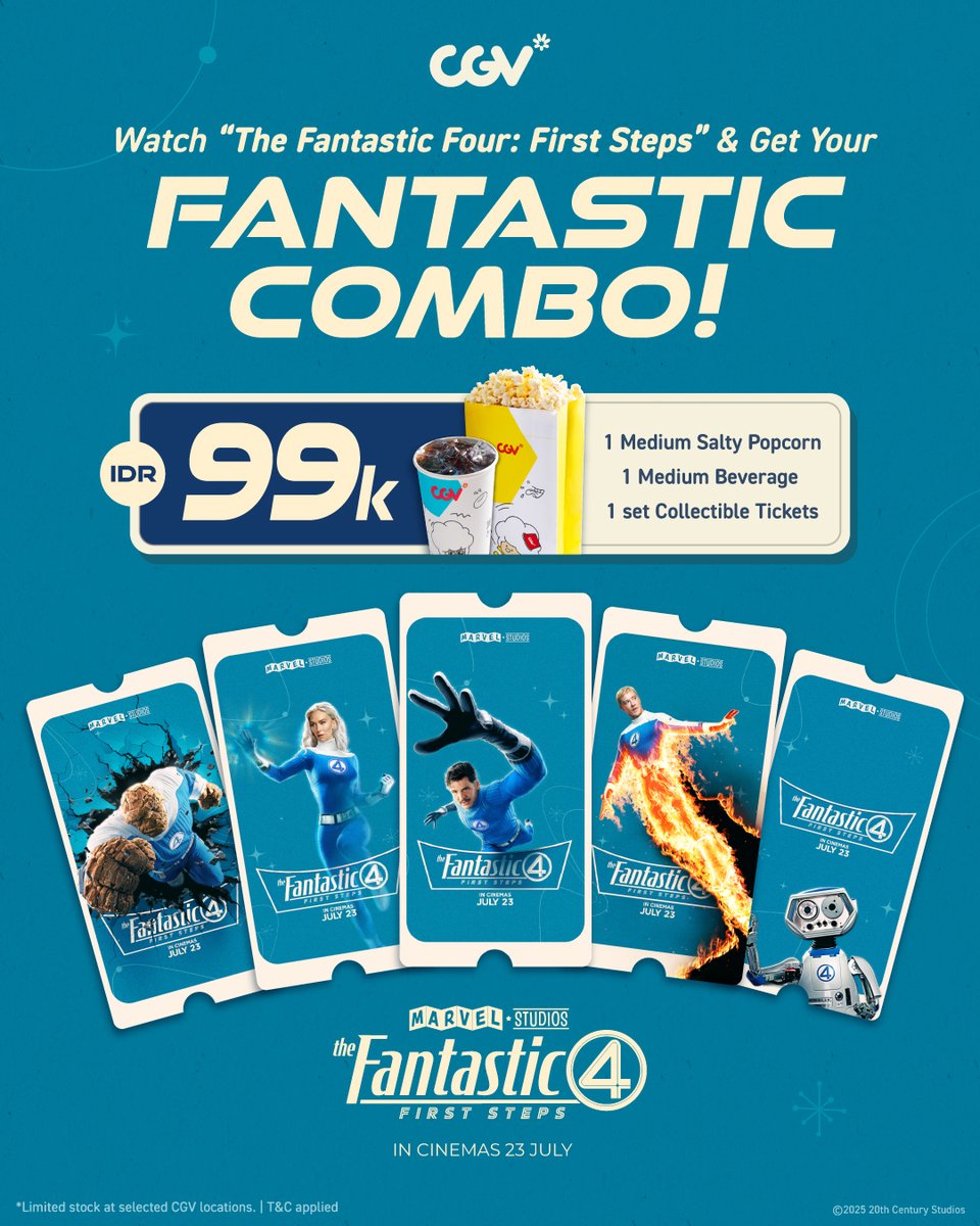 CGV_ID's tweet image. Waktunya kumpulkan koleksi Collectible Tickets (CT) &lt;THE FANTASTIC FOUR: FIRST STEPS&gt; di CGV 🎬🍿
Caranya beli tiket film &lt;THE FANTASTIC FOUR: FIRST STEPS&gt; + Fantastic Combo (Rp99.000) dan dapetin 1 Medium Salty Popcorn, 1 Medium Soft Drink &amp; 1 Set Collectible Ticket isi 5 🎟️…