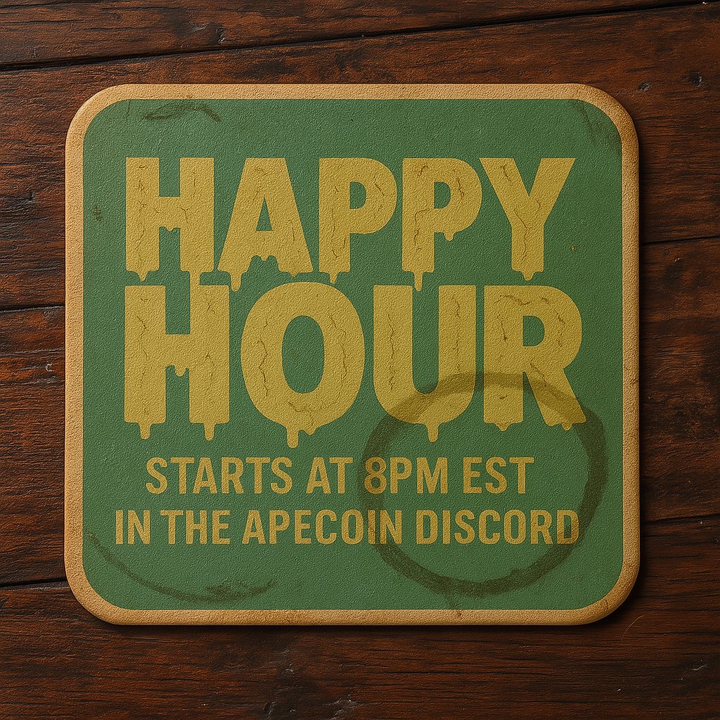 Join us this Friday July 25 in the <a href="/apecoin/">ApeCoin</a> discord for a special Happy Hour gathering starting at 5PM PST | 8PM EST 

We will have trivia hosted by <a href="/MyDeadFriendz/">MyDeadFriendz</a> and myself. 

Prizes will be sponsored by: <a href="/ApewhaleNFT/">Apewhale 🍌</a> <a href="/boringmerch/">Boring Merch 🍌</a> 

discord.gg/apecoindao
