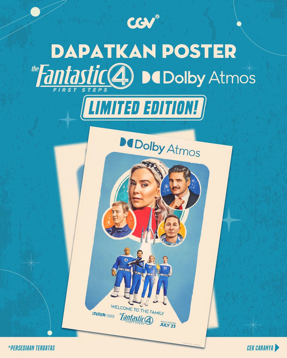 CGV_ID's tweet image. WAJIB PUNYA! POSTER EKSKLUSIF FANTASTIC 4 DOLBY ATMOS! 🎁✨
Beli 2 tiket &lt;THE FANTASTIC FOUR: FIRST STEPS&gt; di auditorium Dolby Atmos dan dapetin 1 poster eksklusif!
📌 Tiket WAJIB dicetak untuk klaim poster
📍 Lokasi:
CGV Grand Indonesia (Starium 2)
CGV 23 Paskal (Starium 1)…