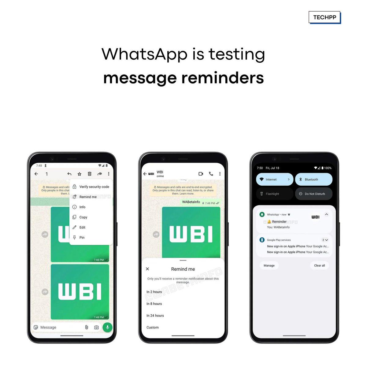 techpp's tweet image. WhatsApp is testing message reminders
#WhatsApp #MessageReminders #WhatsAppBeta #Meta