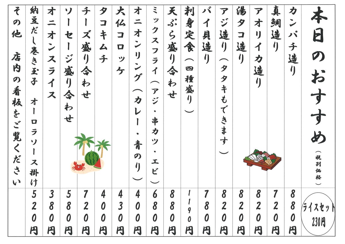 spaalps's tweet image. アルプス食堂『本日のおすすめ』はこちら!
本日、木曜メンズデー🍻
揚げたての天ぷら・フライはいかがでしょう😃
冷えたお飲み物にピッタリですよ!
#スパアルプス #サウナ #サ活 #プス活
#サ飯 #アルプス食堂