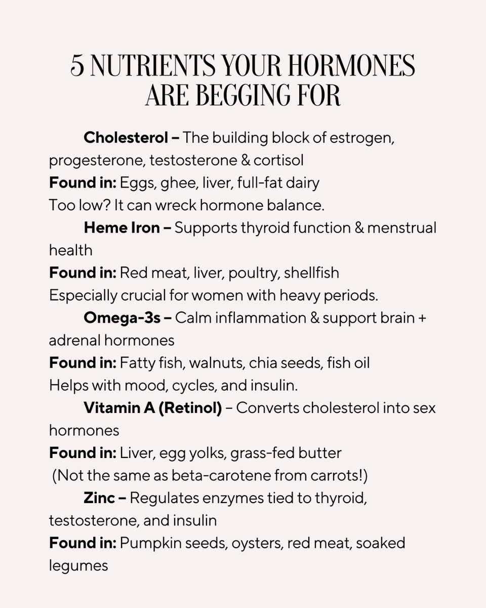 DeeptaNagpal's tweet image. Hormones run the show when it comes to your metabolism, mood, energy, fertility, and more. 🧬
But for your body to make them efficiently, it needs the right raw materials, not fancy pills or trendy superfoods, but real, foundational nutrients. 🥚🥩🥬
Here are 5 key nutrients…