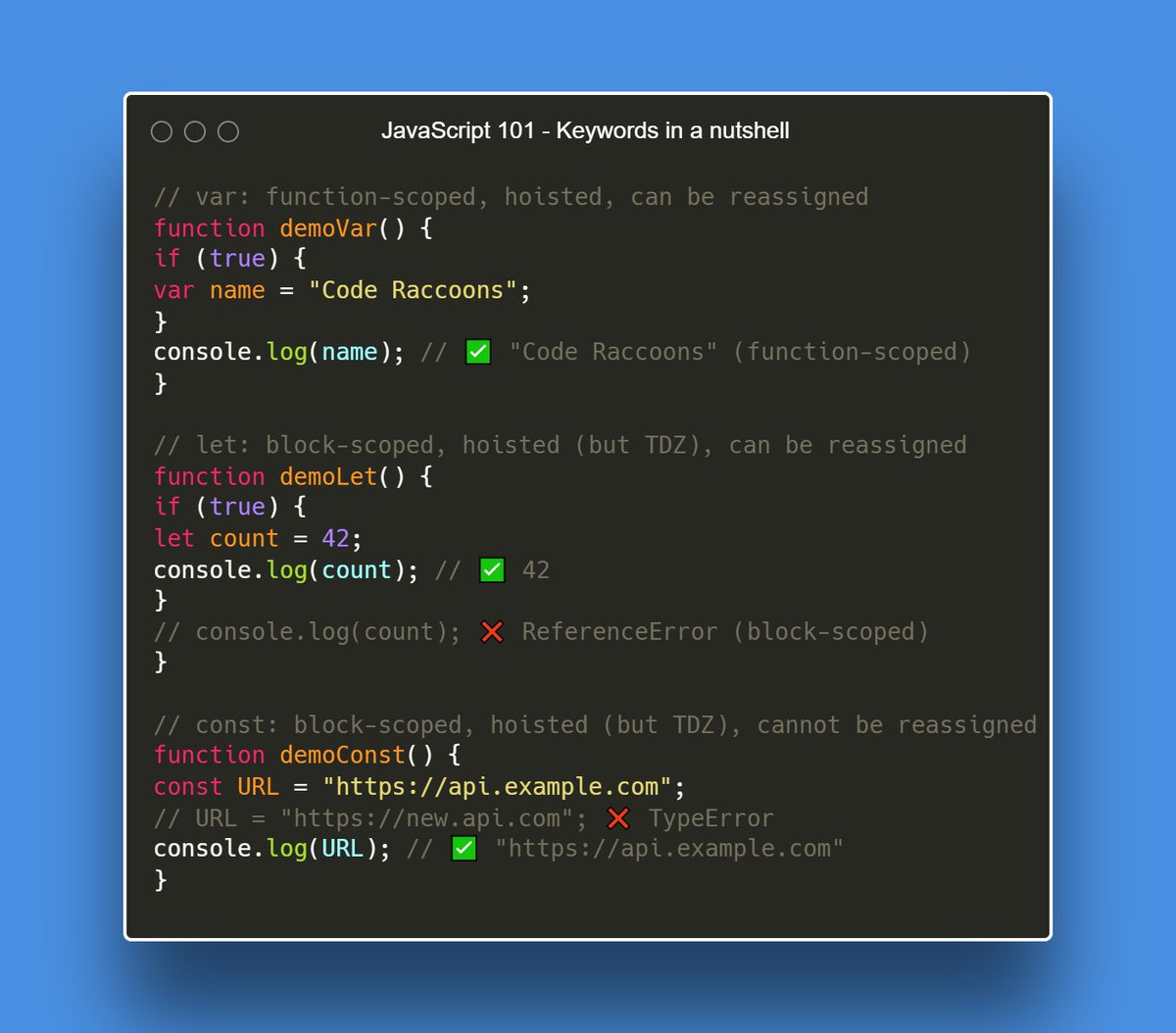 TheCodeRaccoons's tweet image. I'm teaching JavaScript from scratch as a series, and Part 2 is up!
This one’s all about var, let, and const:
what they do, where they work, and all the weirdness in between
If you’re starting out or need a refresher:
thecoderaccoons.com/blog-posts/mas…
#JavaScript101 #WebDev #CodeRaccoons