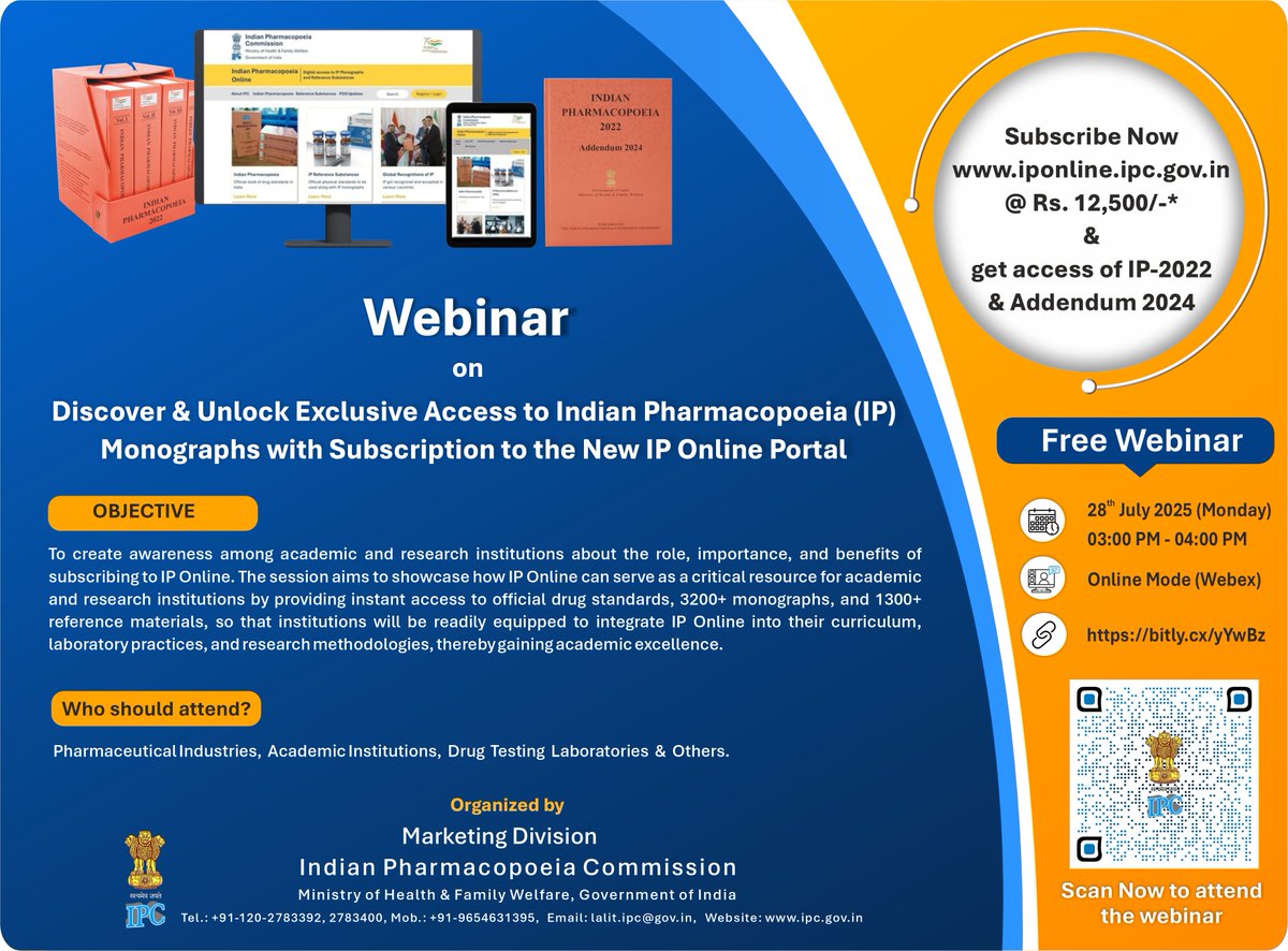 Want access to 3200+ official drug monographs and real-time regulatory updates?

Join IPC’s free webinar on the all-new IP Online Portal
28 July | ⏰ 3–4 PM IST
ipc2.webex.com/ipc2/j.php?MTI…
PW: IPC@123 | ID: 25107326186
#iponline #pharmawebinar #indianpharmacopoeia #drugstandards #ipc