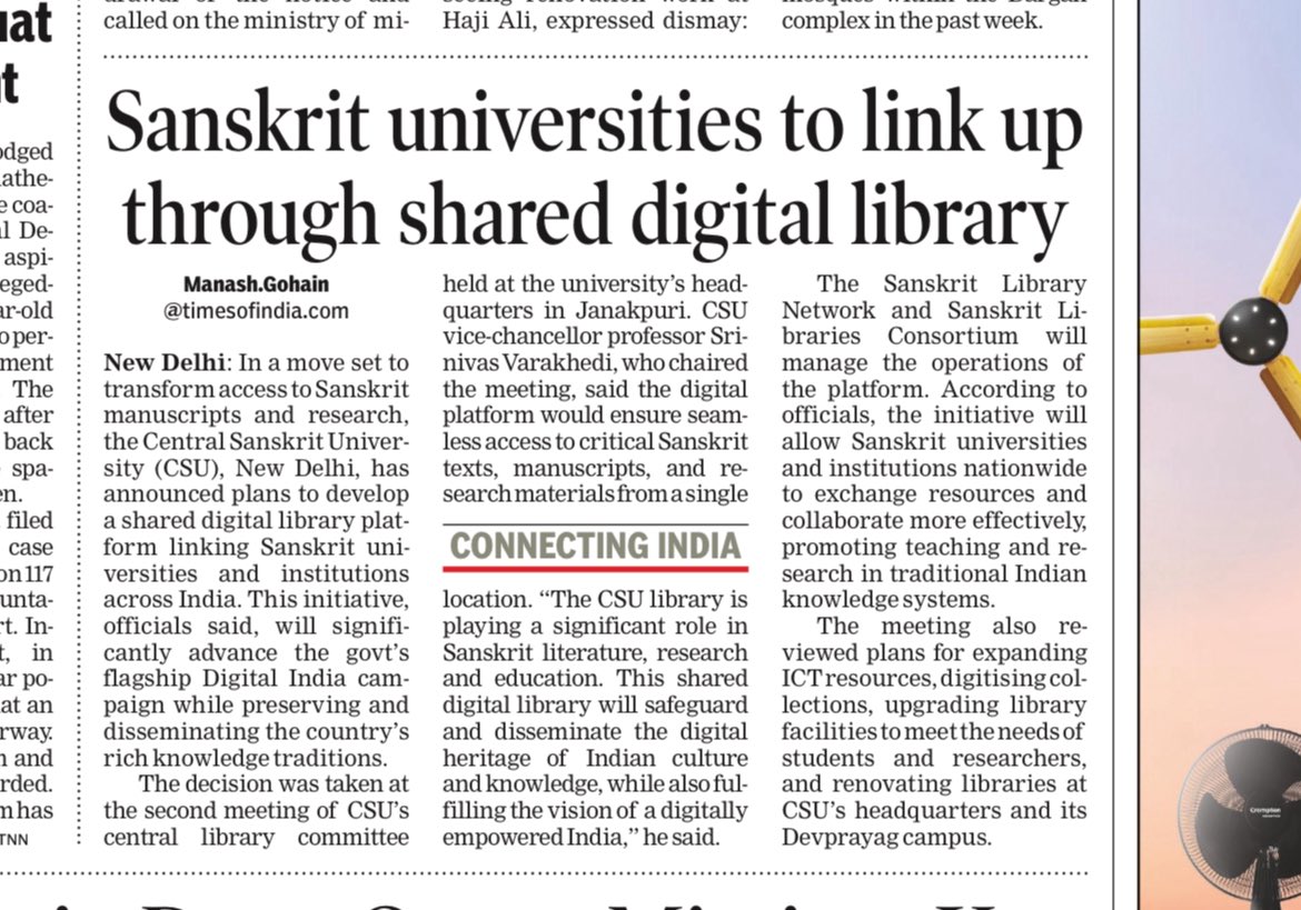 Manash Pratim Gohain (@manashtoi) on Twitter photo #Sanskrit #education #library #digital
Central Sanskrit University, New Delhi, has announced plans to develop a shared digital library platform linking Sanskrit universities and institutions across India. A <a href="/timesofindia/">The Times Of India</a> report š
timesofindia.indiatimes.com/education/sans⦠#Sanskrit #education #library #digital
Central Sanskrit University, New Delhi, has announced plans to develop a shared digital library platform linking Sanskrit universities and institutions across India. A <a href="/timesofindia/">The Times Of India</a> report š
timesofindia.indiatimes.com/education/sansā¦