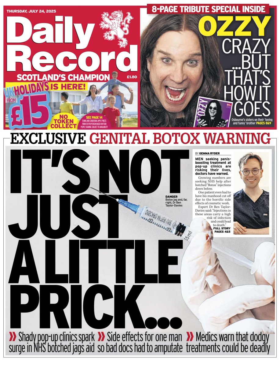 π΅ππππ πΏππππ πππππ’ π° (@ukpapers) on Twitter photo π¬π§ It's Not Just A Little Prick
β«Botched penis "Botox" and filler injections sees spike in male patients attending NHS hospitals
β«<a href="/GemmaR_DP/">Gemma Ryder</a>
β«is.gd/r0R7r1
#frontpagestoday #UK <a href="/Daily_Record/">The Daily Record</a> π¬π§ It's Not Just A Little Prick
β«Botched penis "Botox" and filler injections sees spike in male patients attending NHS hospitals
β«<a href="/GemmaR_DP/">Gemma Ryder</a>
β«is.gd/r0R7r1
#frontpagestoday #UK <a href="/Daily_Record/">The Daily Record</a>