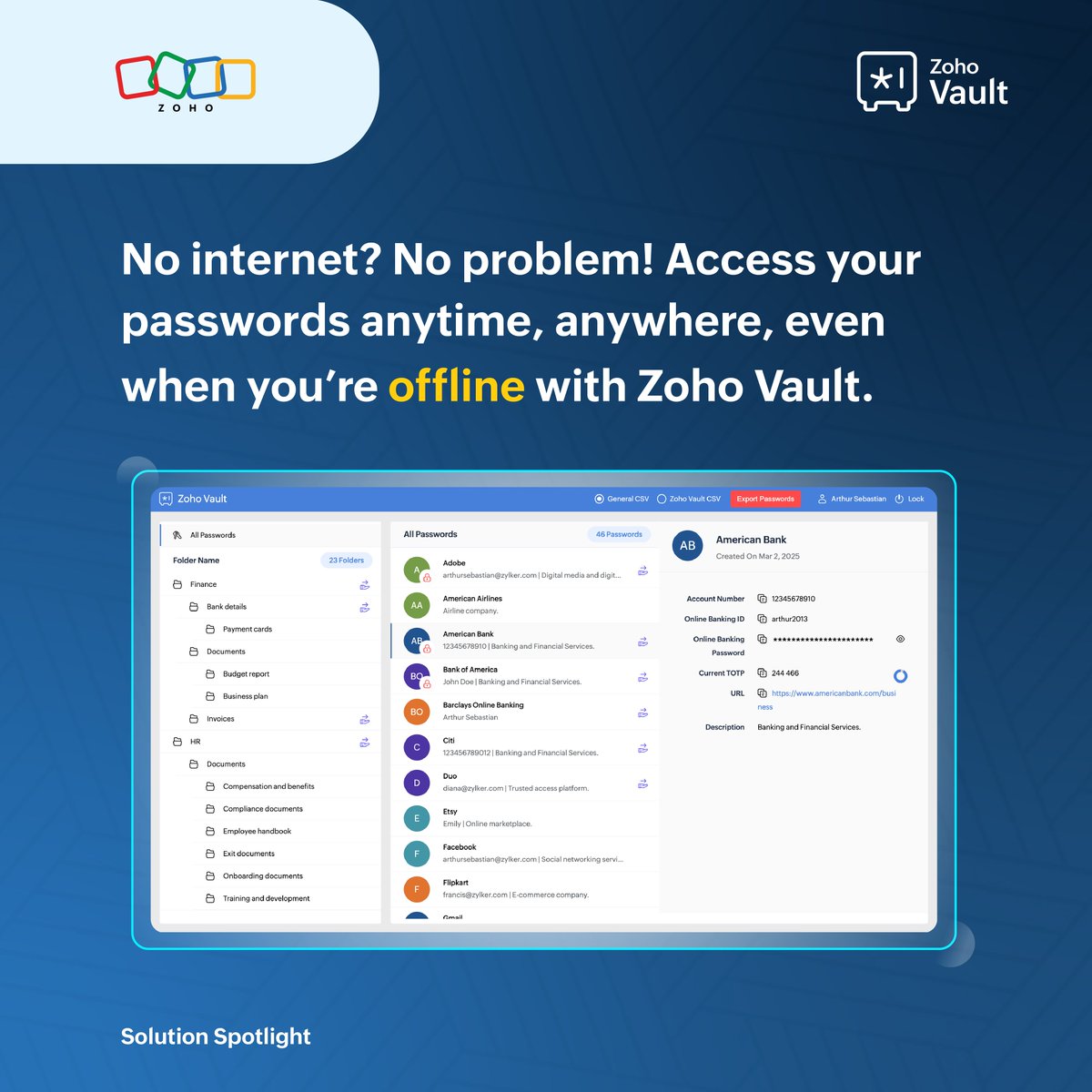 ZohoVault's tweet image. Need access to your passwords on the go, even without the internet? Zoho Vault lets you download a secure, encrypted file of your passwords. Access them anytime, anywhere, with just your master password. 🔐
🔗 Learn more here: zurl.co/HSutj
#SolutionSpotlight…